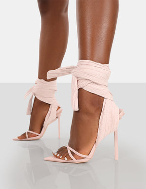 Brunchin Pink Linen Tie Up Stiletto Heels