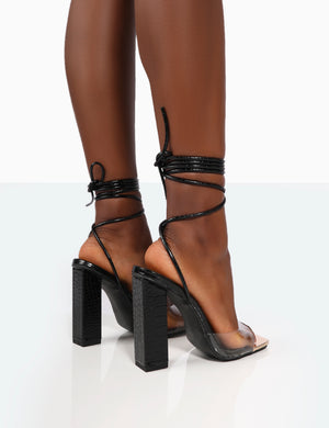 Date-Night Wide Fit Black Croc Lace Up Clear Perspex Square Toe Heels