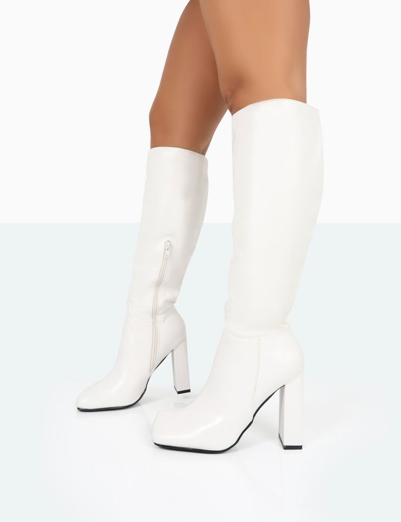 Gia Ecru Box PU Square Toe Block Heel Knee High Boots | Public Desire