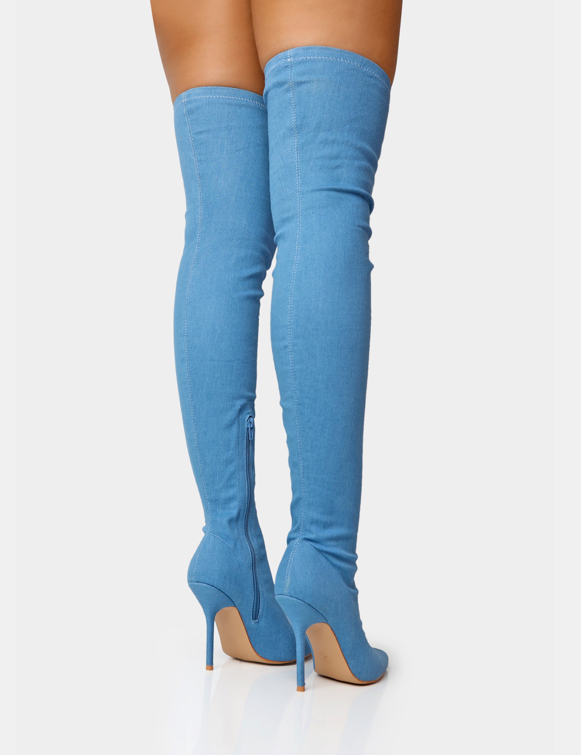 Jodie Blue Denim Seam Detail Pointed Toe Stiletto Over The Knee Boots