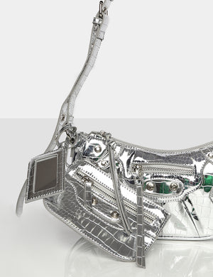 The Trackstar Metallic Silver Croc Studded Mirror Zip Detail Handbag