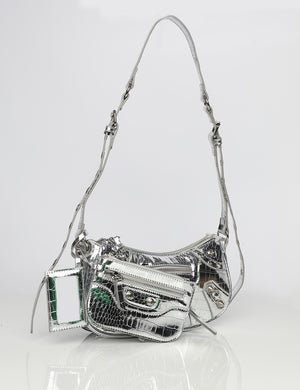 The Trackstar Metallic Silver Croc Studded Mirror Zip Detail Handbag