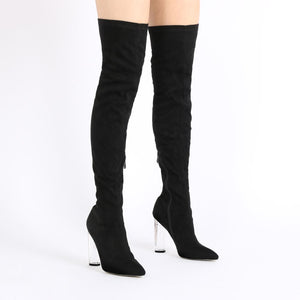 Dominique Long Boots in Black Faux Suede With Clear Perspex Heel