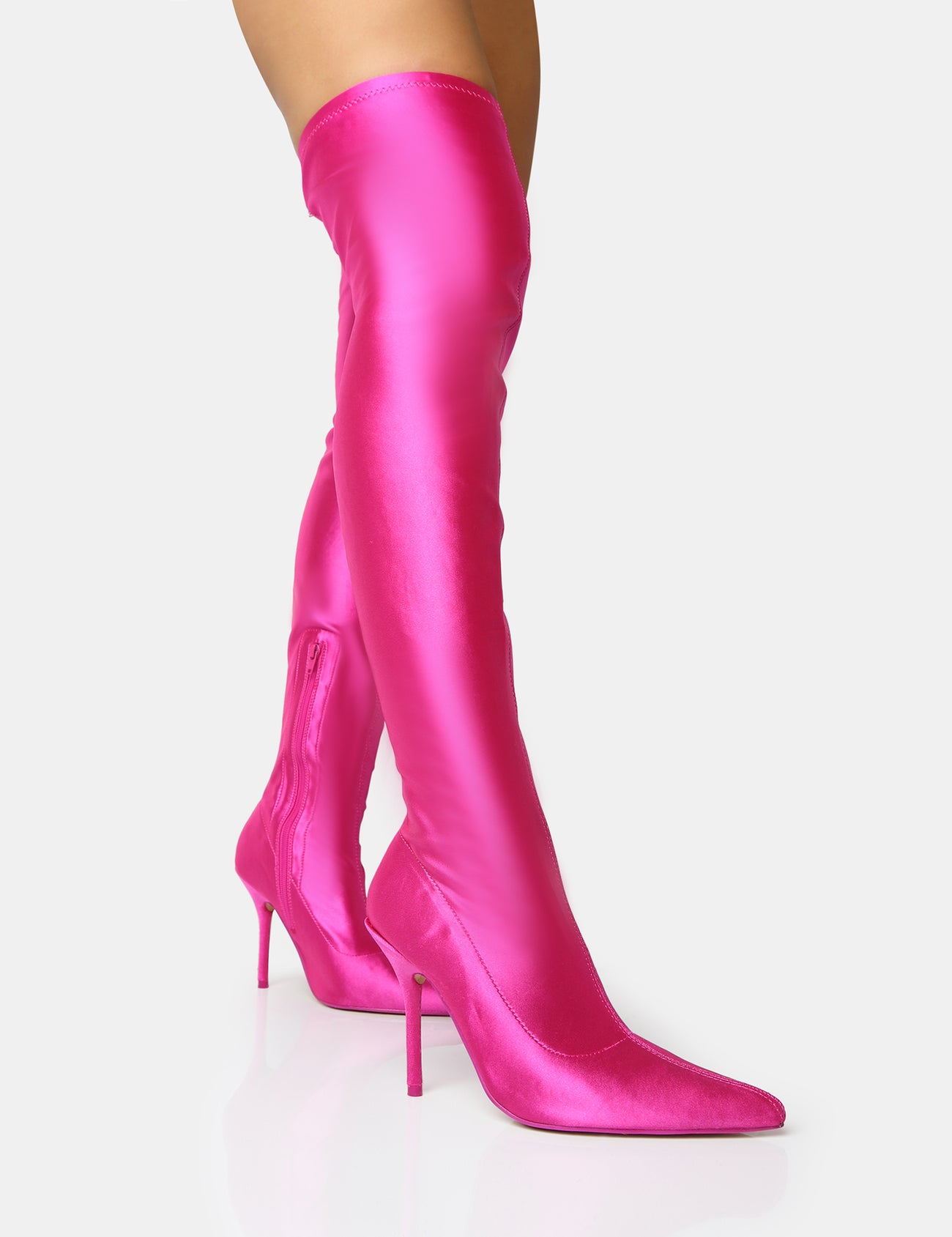 Instinct Pink Lycra Pointed Toe Stiletto Thigh High Boots | Public Desire