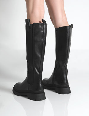 Balya Black Pu Pointed Toe Chunky Sole Knee High Boots