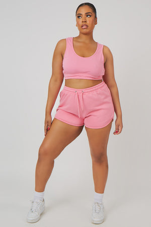 Curve Elasticated Waist Sweat Scoop Neck Crop Top Pink