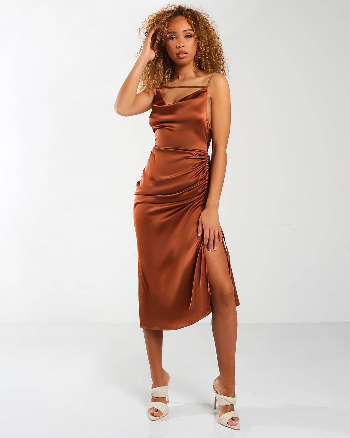 Silk cowl store midi dress