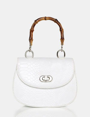 The Kalena White Croc Bamboo Handle Mini Bag