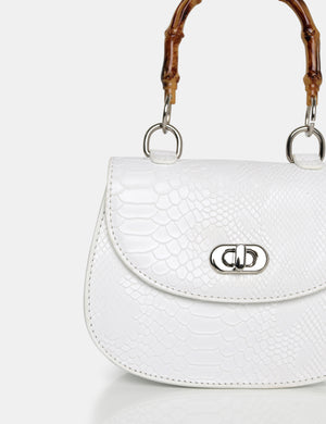 The Kalena White Croc Bamboo Handle Mini Bag