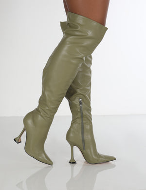 Indica Khaki PU Over The Knee Boots