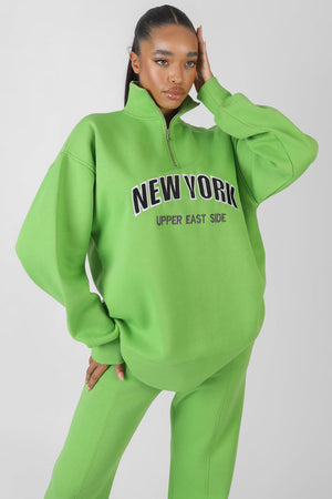 New York Half Zip Pullover Oversized Sweatshirt Green