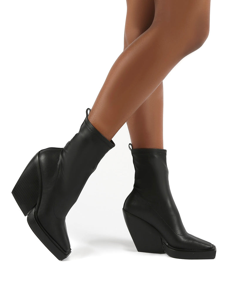 Rae Black Block Heel Square Toe Ankle Boot | Public Desire