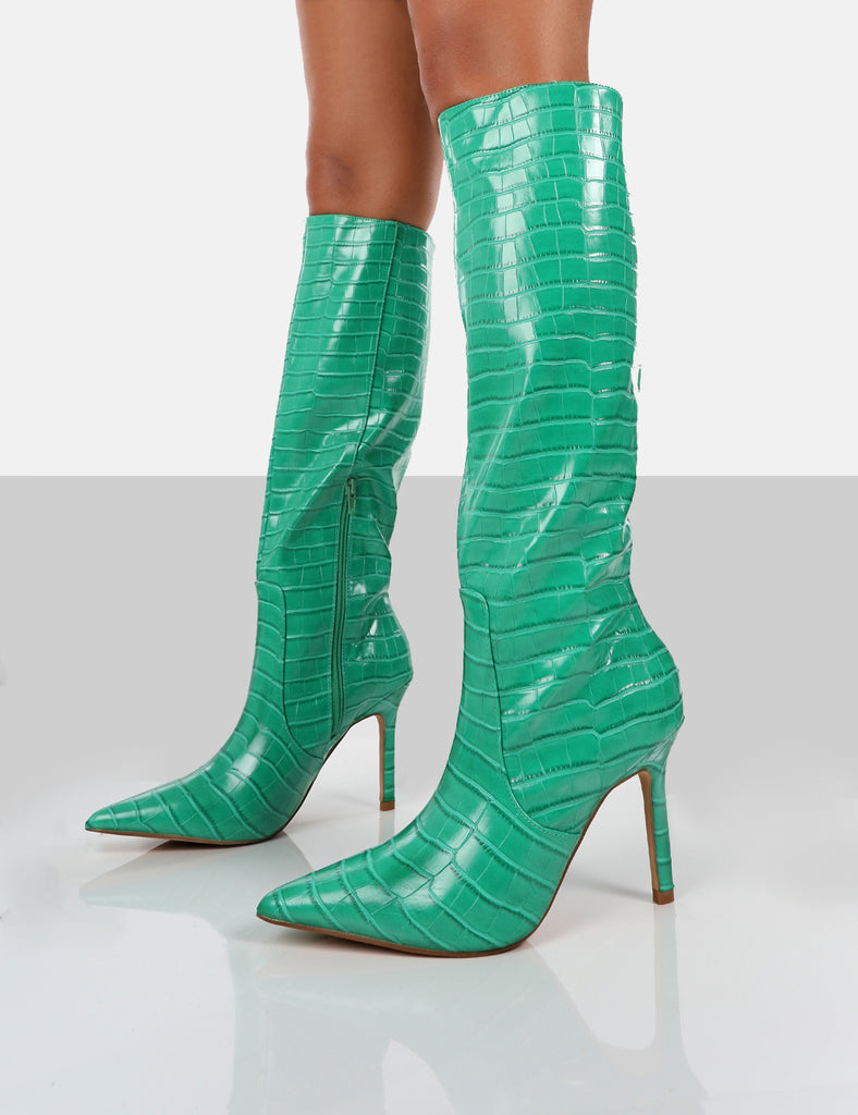 Rosalie Green Croc Heeled Pointed Toe Knee High Boots | Public Desire