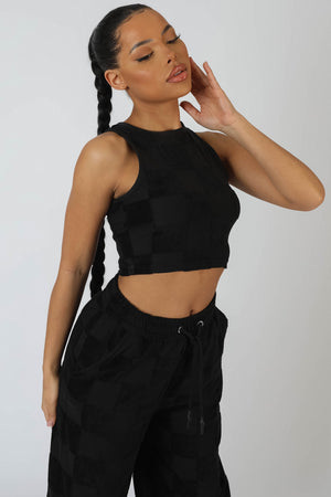 Checkerboard Towelling Racer Crop Top Black