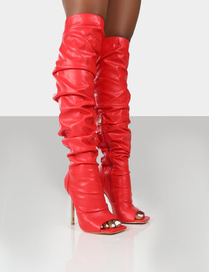 Surrender Red Ruched Knee High Stilleto Open Toe Boots