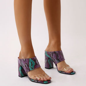 Aubree Block Heel Mules in Purple Faux Snake