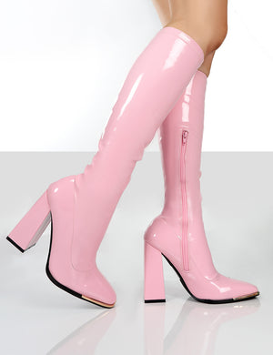 Caryn Pink Patent Knee High Heeled Boots | Public Desire