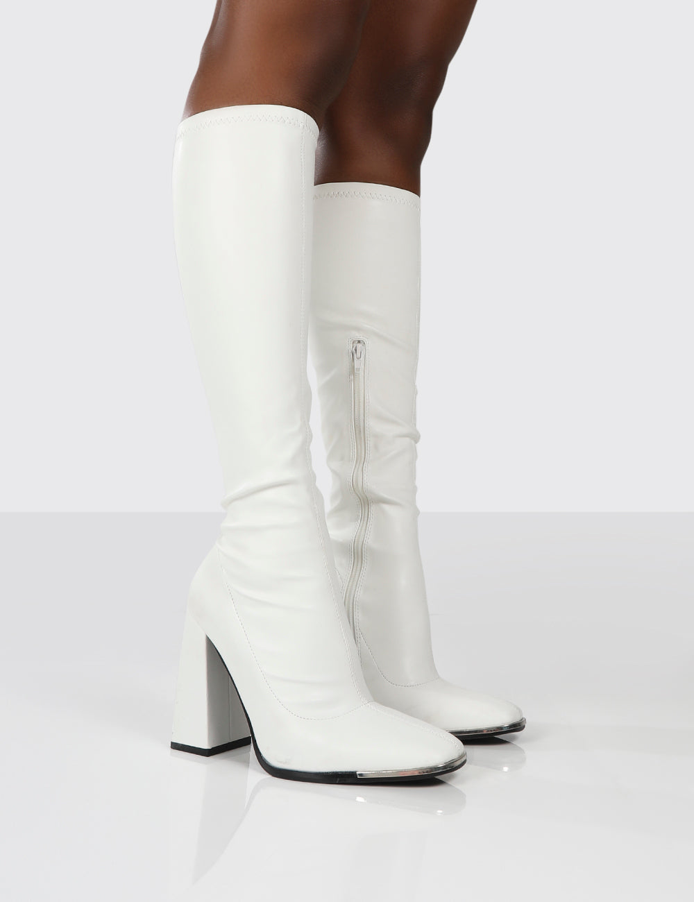 Caryn White PU White Heeled Knee High Boots | Public Desire