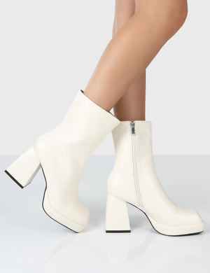 Clover Ecru Pu Platform Chunky Block Heel Ankle Boots