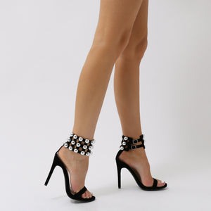 Edge Dome Stud Caged Cuff Stiletto Heels in Black Faux Suede