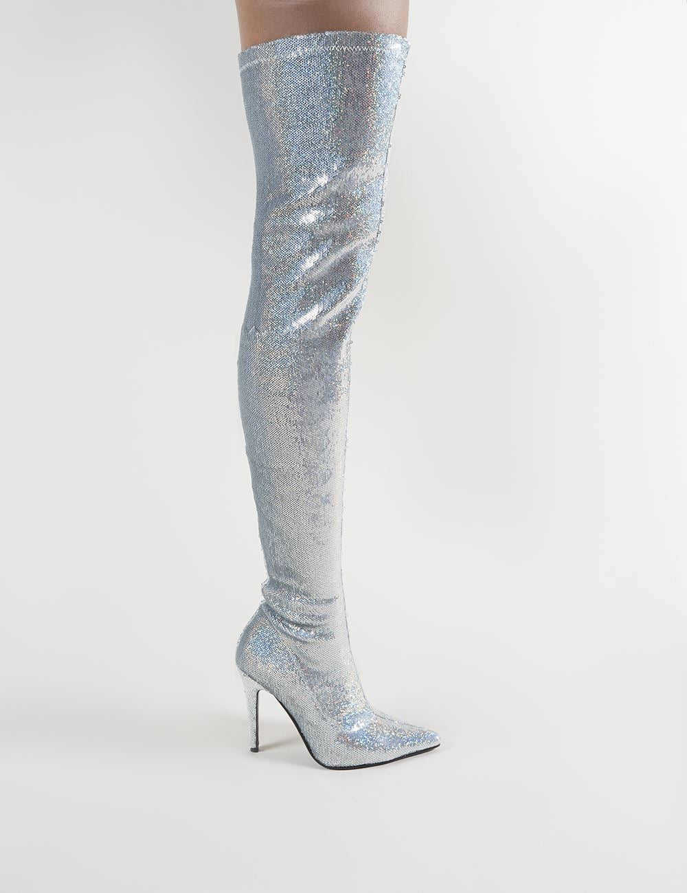 Dazzle Pointed Toe Over The Knee Boots in Silver Sequins Public