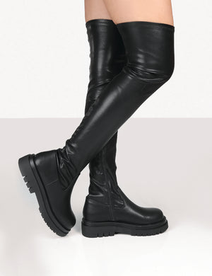 Hayla Black PU Over The Knee Chunky Sole Boots