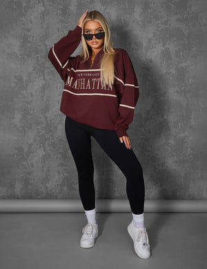 MANHATTAN SLOGAN HALF ZIP PULLOVER SWEATSHIRT BURGUNDY