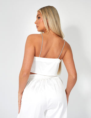 DIAMANTE ROPE STRAP COWL FRONT SATIN TOP WHITE