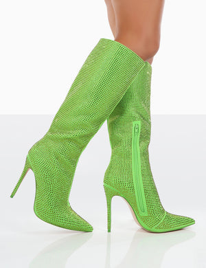 Lexi Green Diamantes Pointed Toe Stiletto Knee High Boots