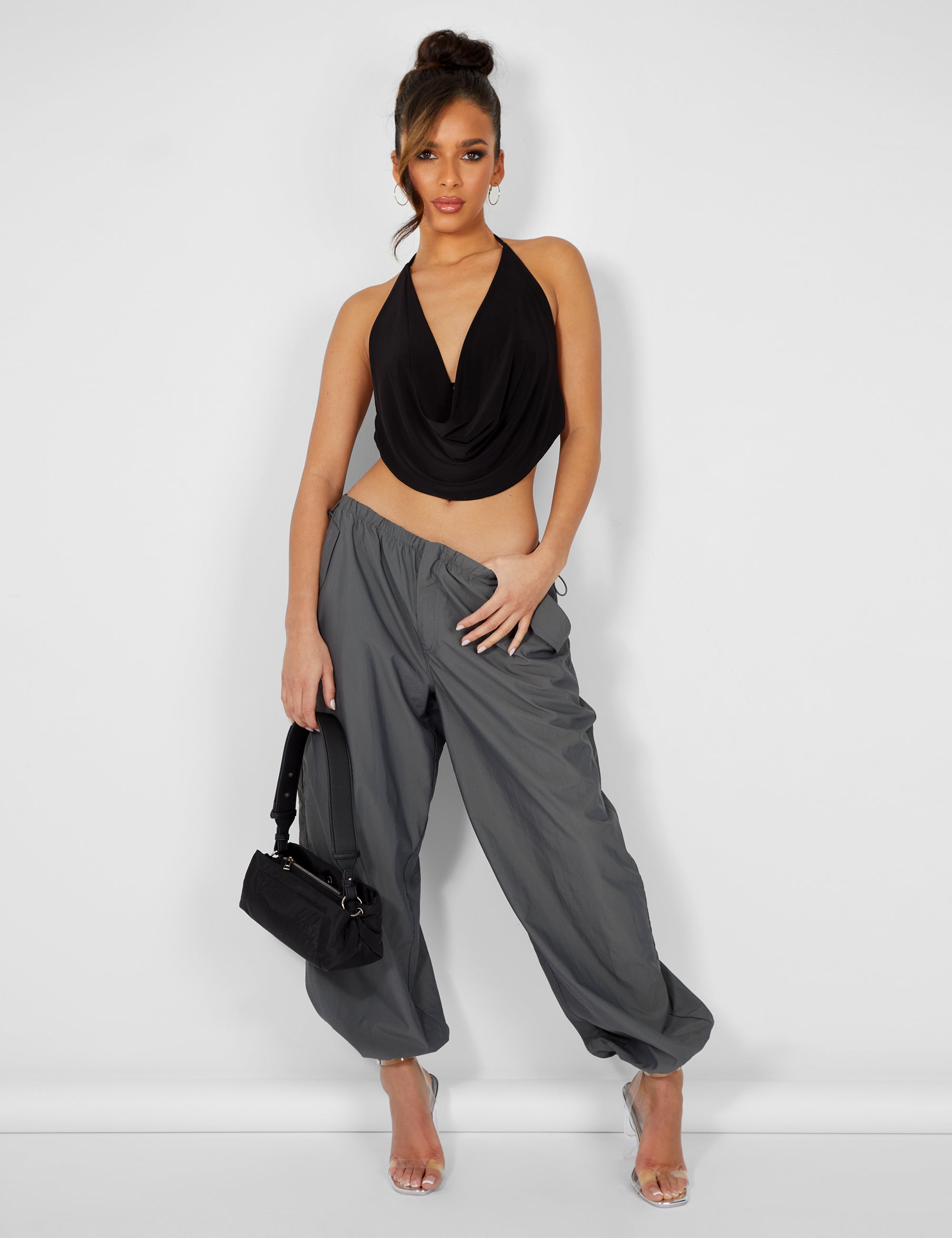 Elyza Cowl Neck Crop Top in Black