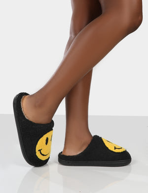 Smile Black Printed Smiley Face Slippers