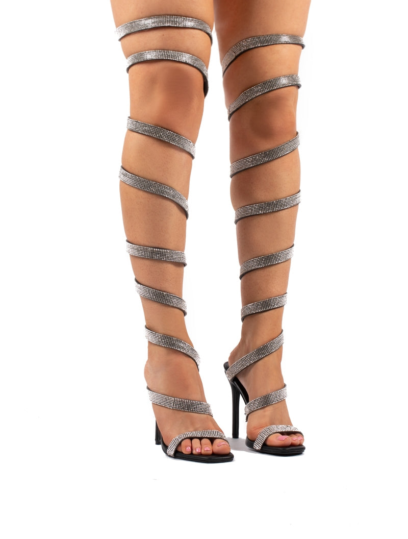 Silver thigh hotsell high strappy heels